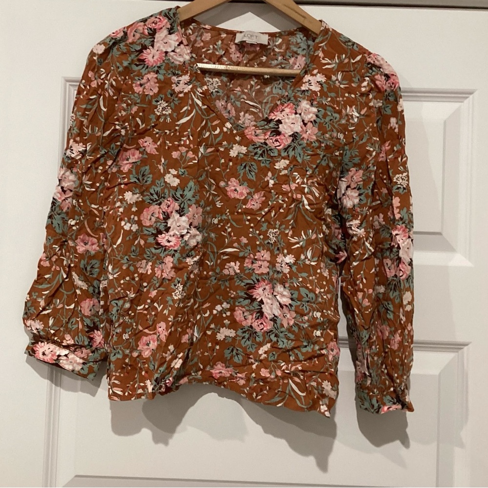 LOFT Floral V-Neck Blouse - Brown and Pink